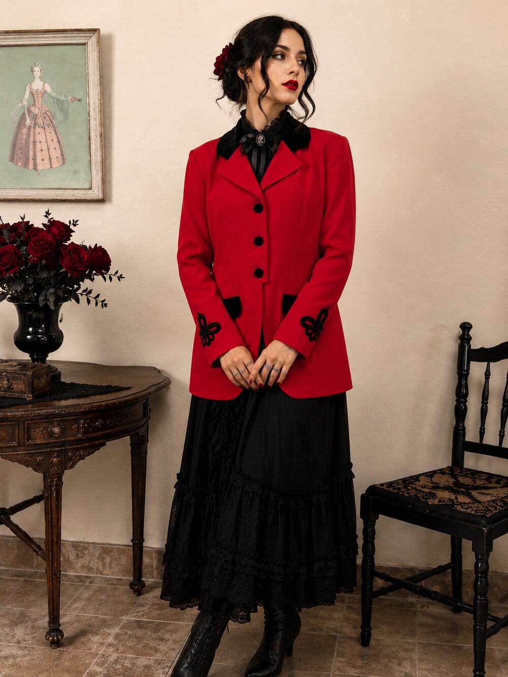 VTG 90s Jason Matthews Red Black Velvet Trim Longline Blazer L
